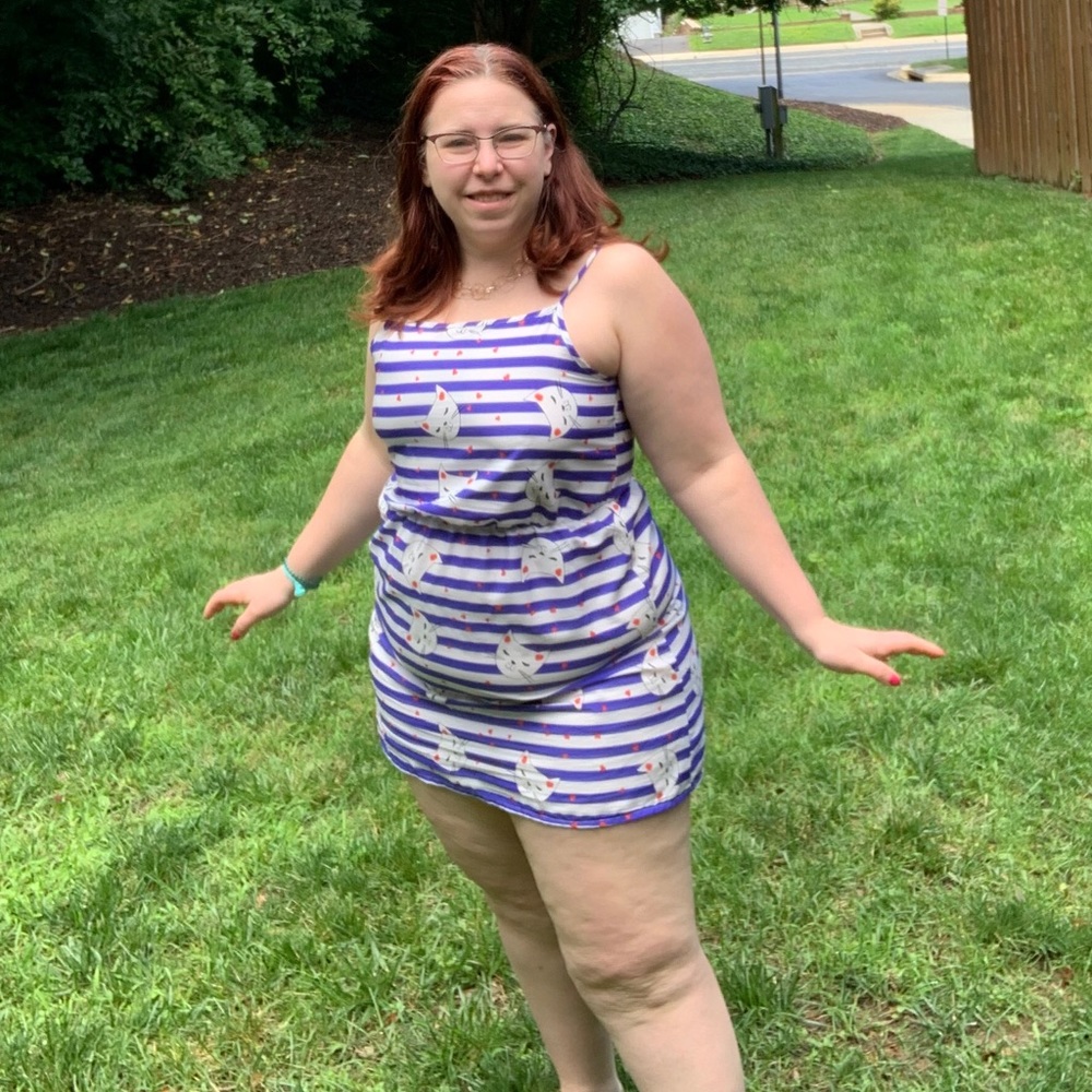 Sun Dress with Cat Print and Blue Stripes